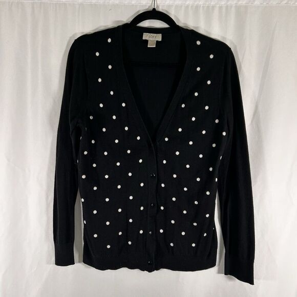 LOFT Cardigan Women's Large Black Polka Dot Button Front Long Sleeve Cotton - Picture 1 of 6